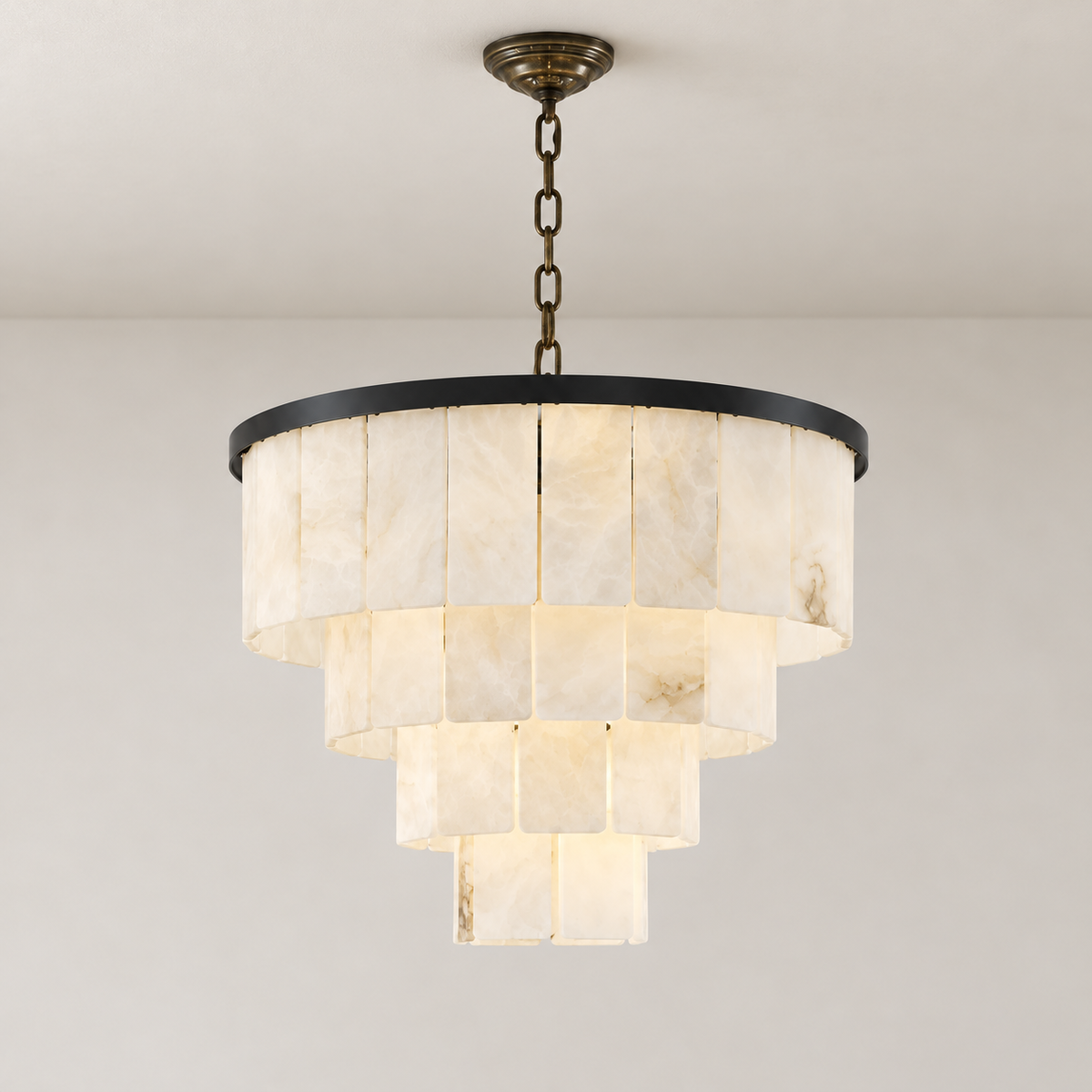 60 cm black alabaster chandelier with 4 tiers, unlit.