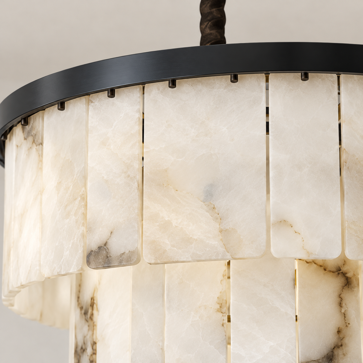 Close view of natural alabaster and metal fittings on the CLVVC0201 chandelier.