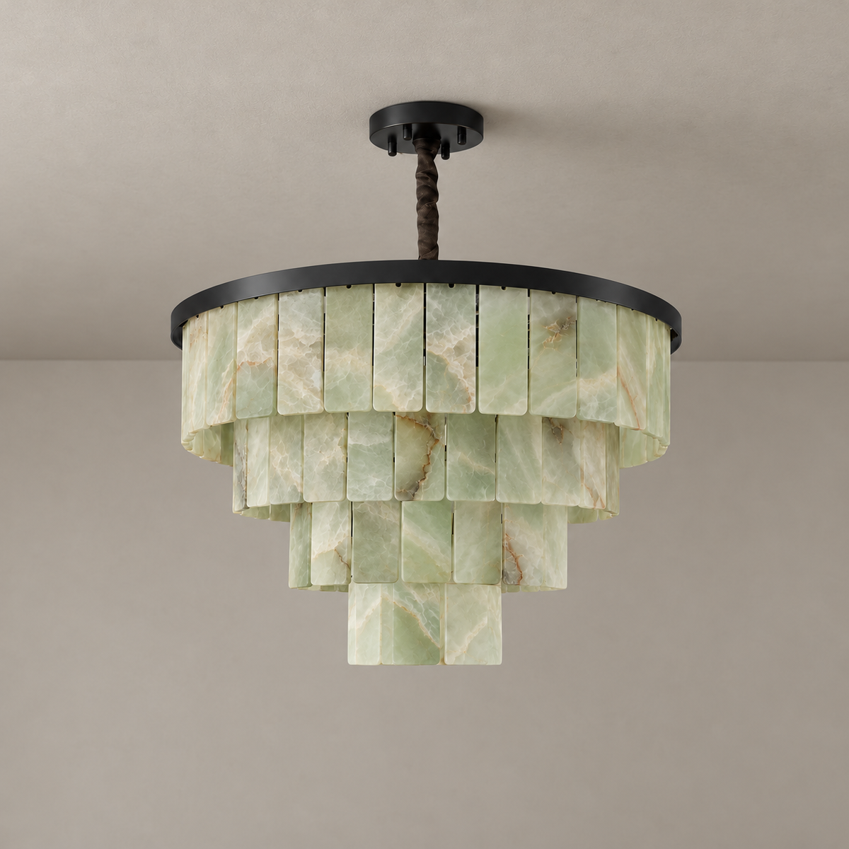 Four-tier green onyx chandelier with black frame and ceiling canopy, switched off.