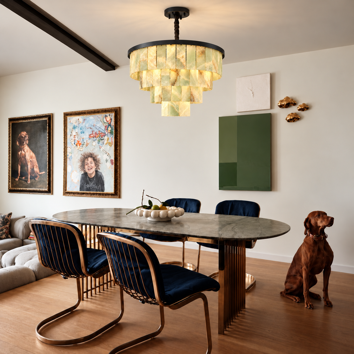 80 cm four-tier green onyx chandelier installed above a marble dining table.