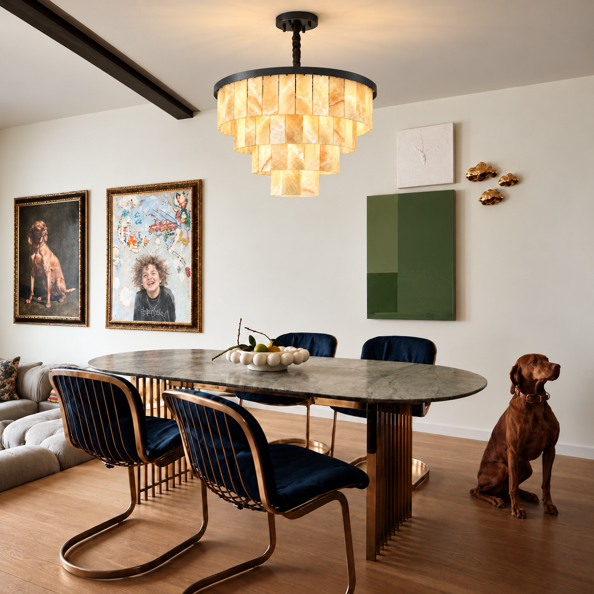 80 cm four-tier honey onyx chandelier installed above a marble dining table.