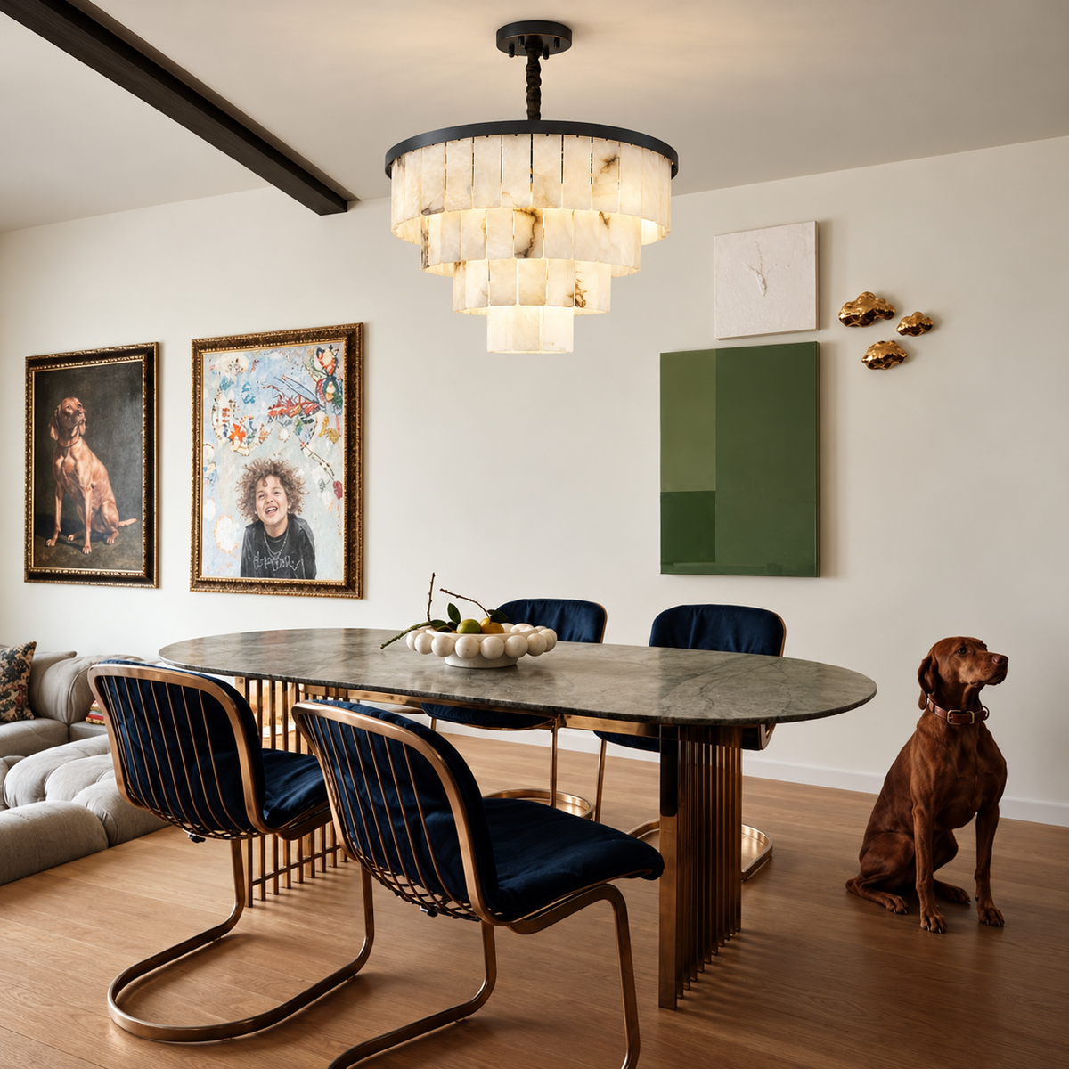 Black four-tier alabaster chandelier above a dining table in daylight.