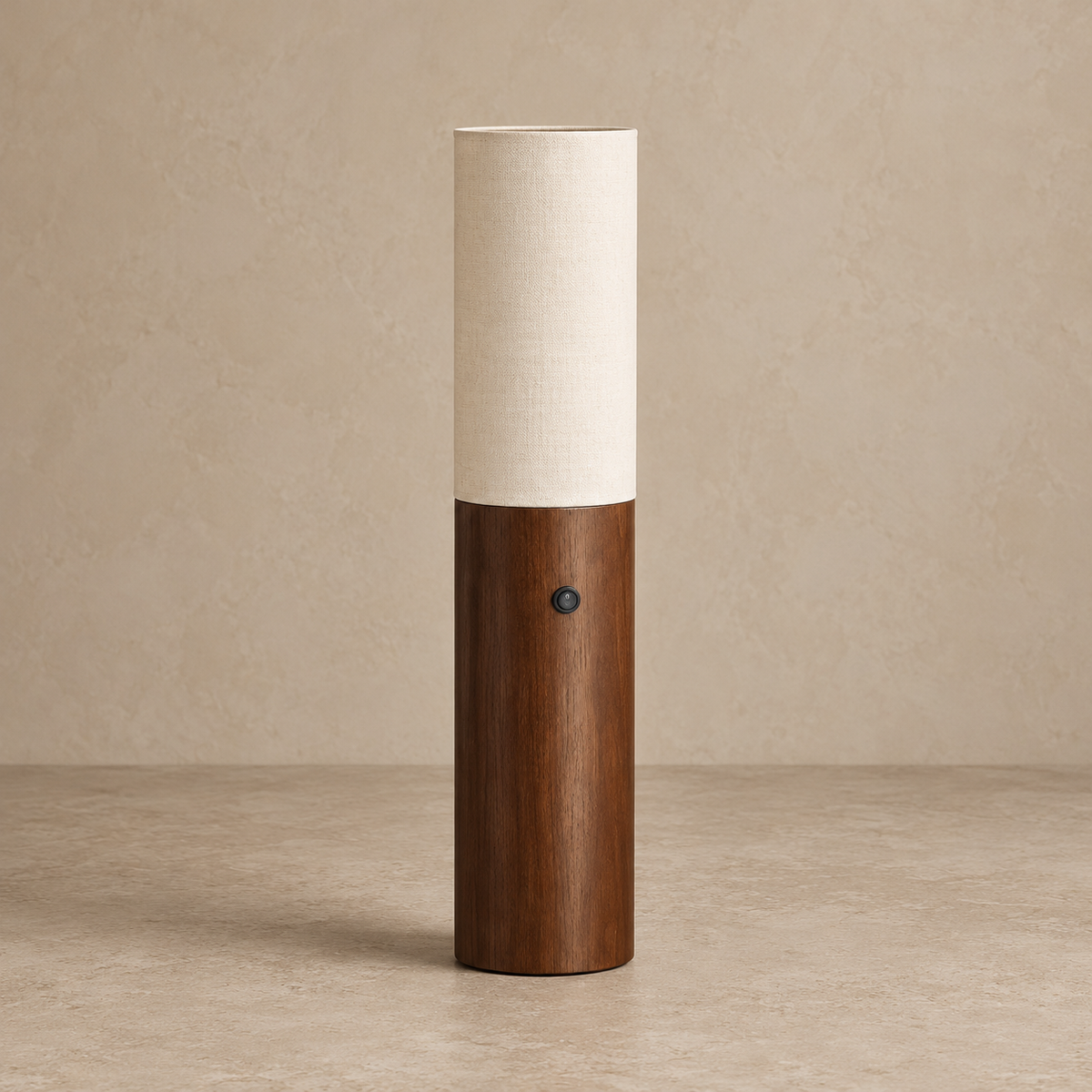 Small CLWAB25S walnut lamp with an unlit cylindrical fabric shade.