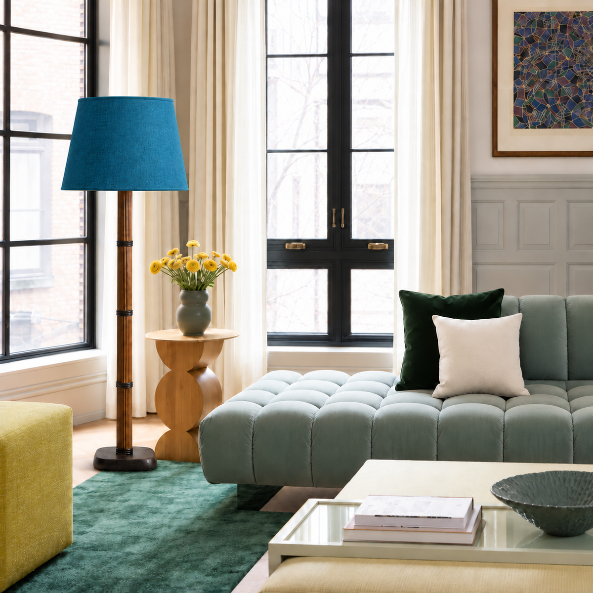 Galerie Fluted Column Floor Lamp with petrol blue linen shade in a furnished room.