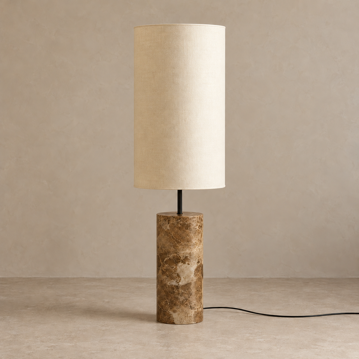 CLMARBHS45 floor lamp switched off, with a tall fabric shade, black stem and cylindrical brown marble base.