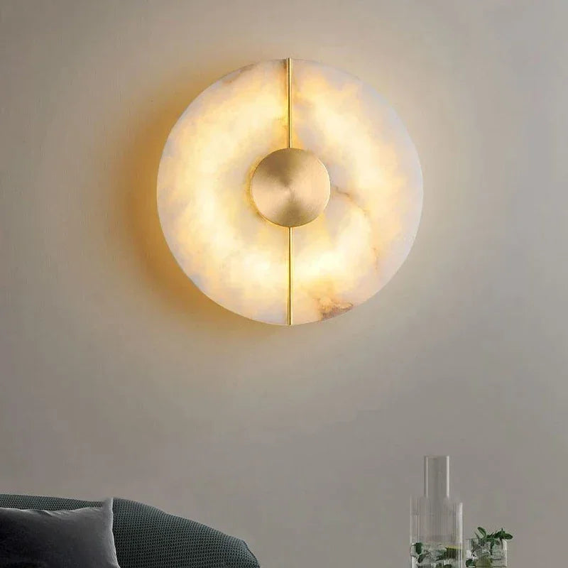 Marble Wall Light | Contemporary Round Stone Sconce with Copper Accents Dual Led Foyer & Bedroom Casalolalights Luxury