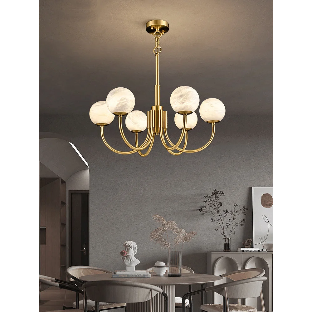 Brushed Brass Chandelier with Alabaster Globes | Modern Dining Room Lighting Fixture
