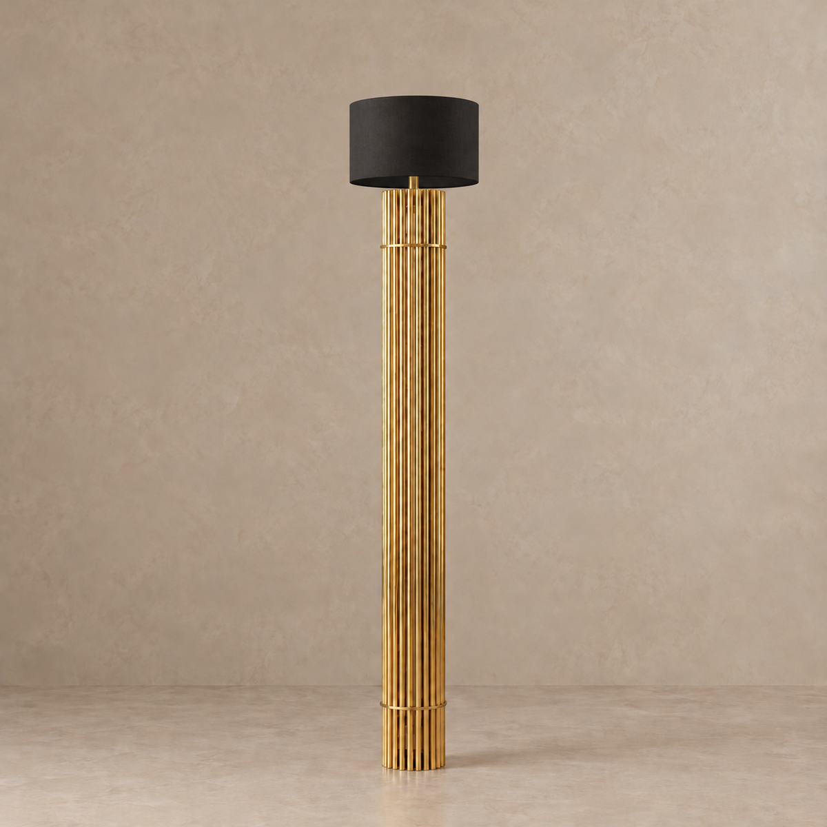 CLFGT0580 copper column floor lamp with an unlit black drum shade.