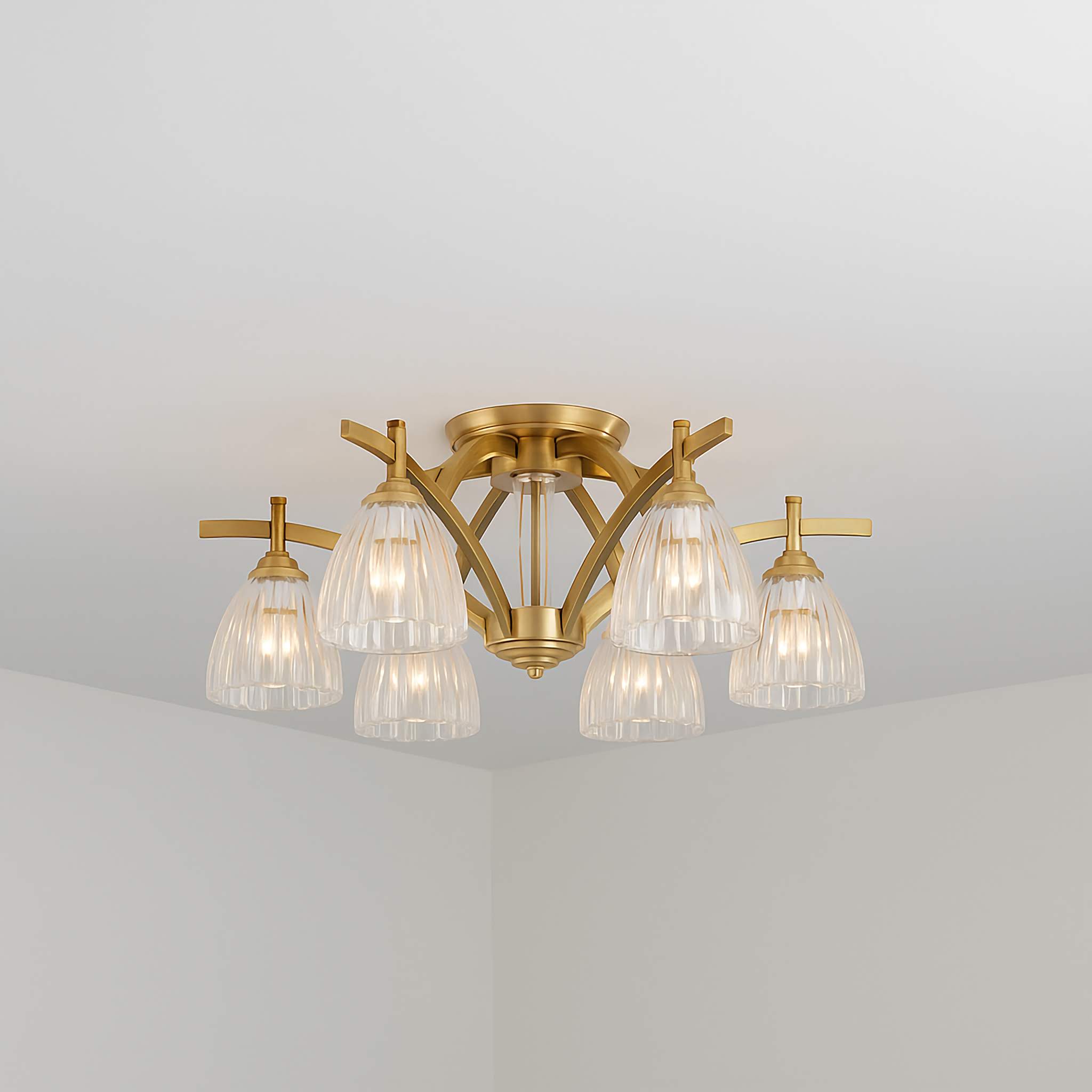 Copper and Glass Semi-flush Mount Ceiling Light for Low Ceilings in Living Room or Dining