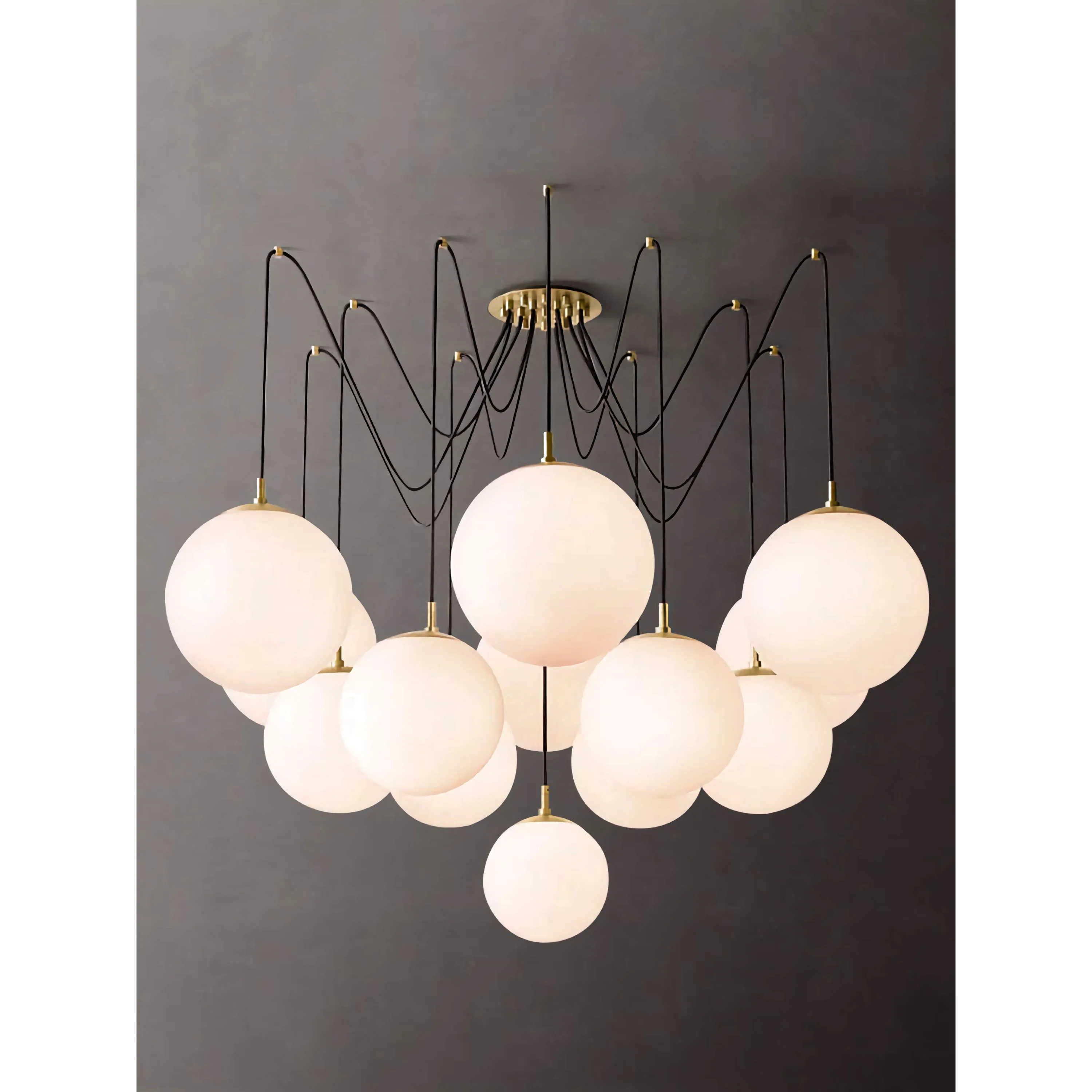Multi Globe Pendant Chandelier | Black & Brass Flush Mount with Opal Glass | Modern Cluster Light for Entry or Loft