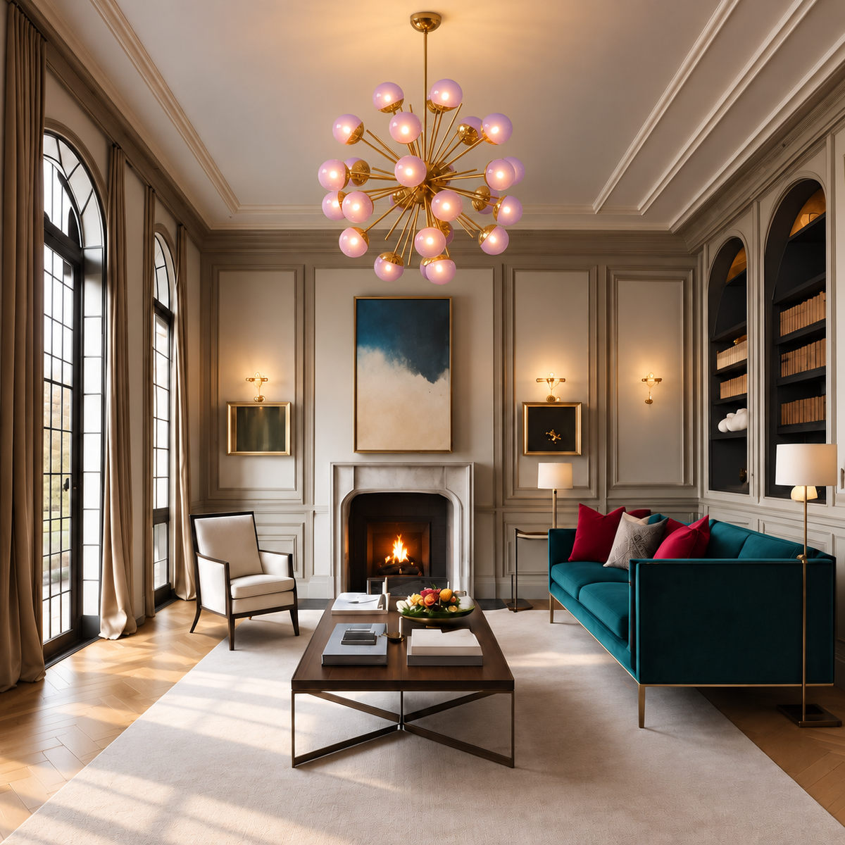Murano Style Purple Glass Globe Chandelier Brass | Large Living Room Light Custom Rod for High Ceiling Casalola Lights