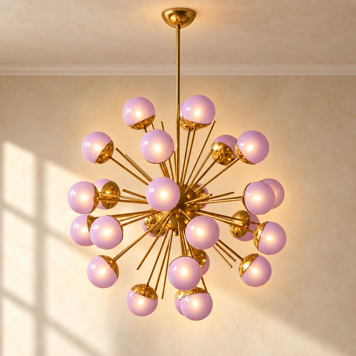 Murano Style Purple Glass Globe Chandelier Brass | Large Living Room Light Custom Rod for High Ceiling Casalola Lights