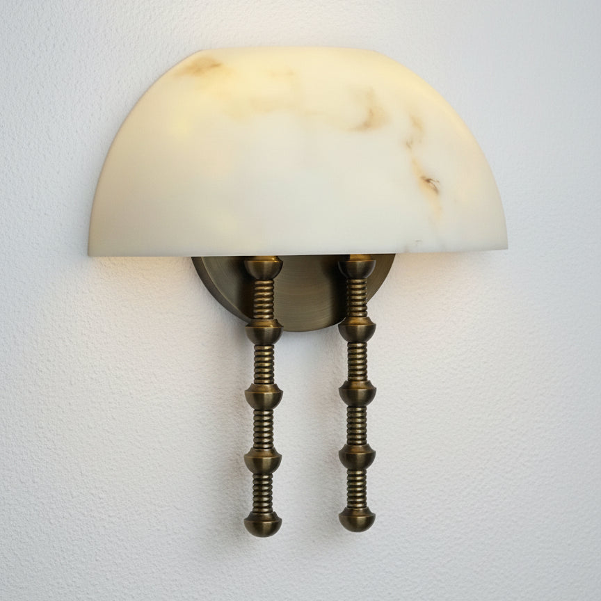 Dome Artificial Marble Wall Sconce – Warm Brass Light with Pull Rod Detail for Bedroom Hallway or Living Room