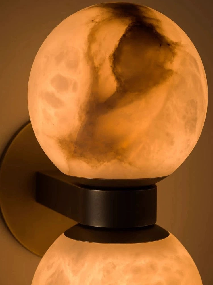 Double Alabaster Globe Wall Sconce – Copper 2-light G9 Lamp for Bedroom Hallway or Vanity