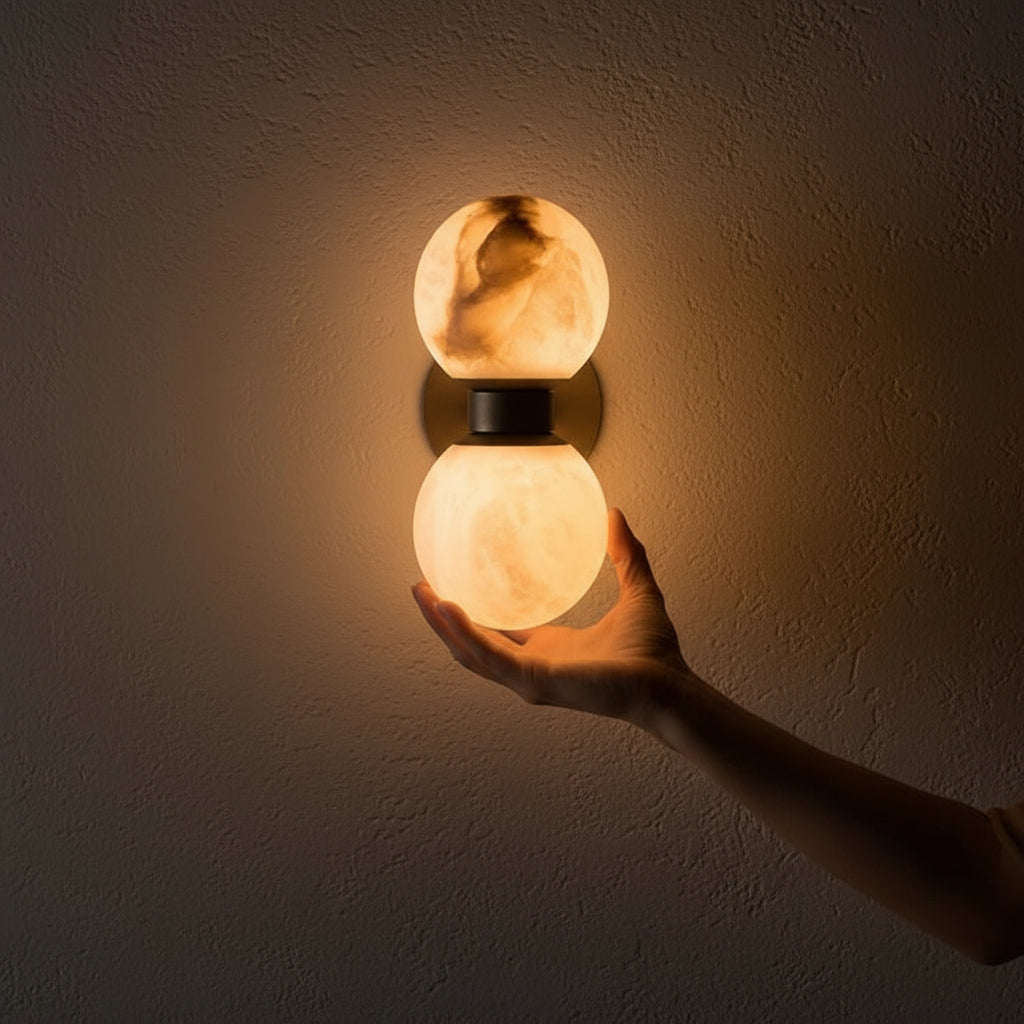 Double Alabaster Globe Wall Sconce – Copper 2-light G9 Lamp for Bedroom Hallway or Vanity