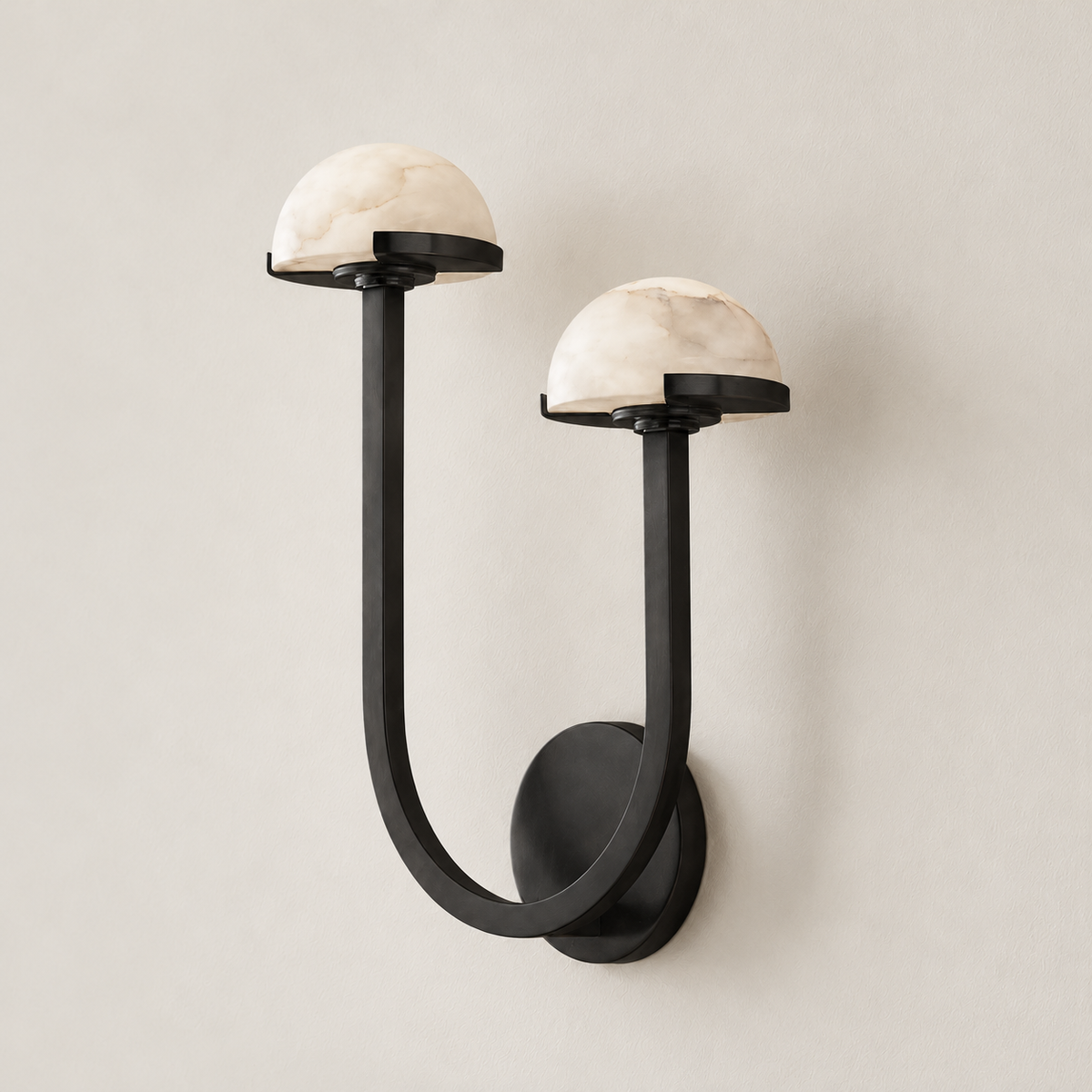 Left-hand double alabaster wall sconce in black steel, switched off.