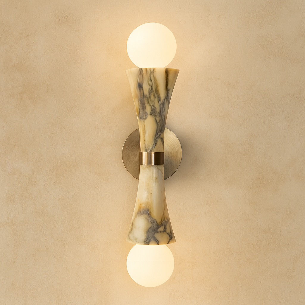 Double Bulgari Marble Globe Wall Sconce – Italian & Brass Light for Bedroom Hallway or Vanity