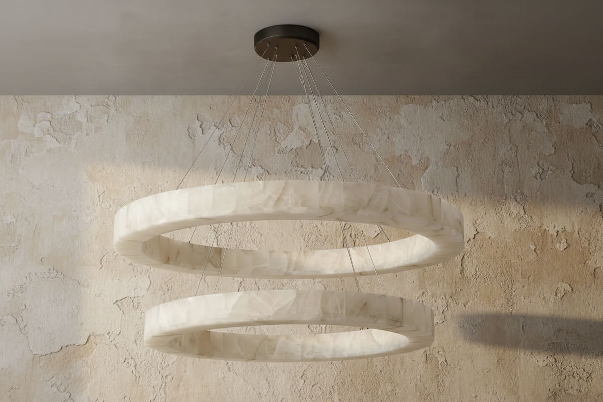 Double Round Alabaster Ring Chandelier | Two-tier Stone Halo Modern Minimalist Dining & Living Casalolalights Luxury