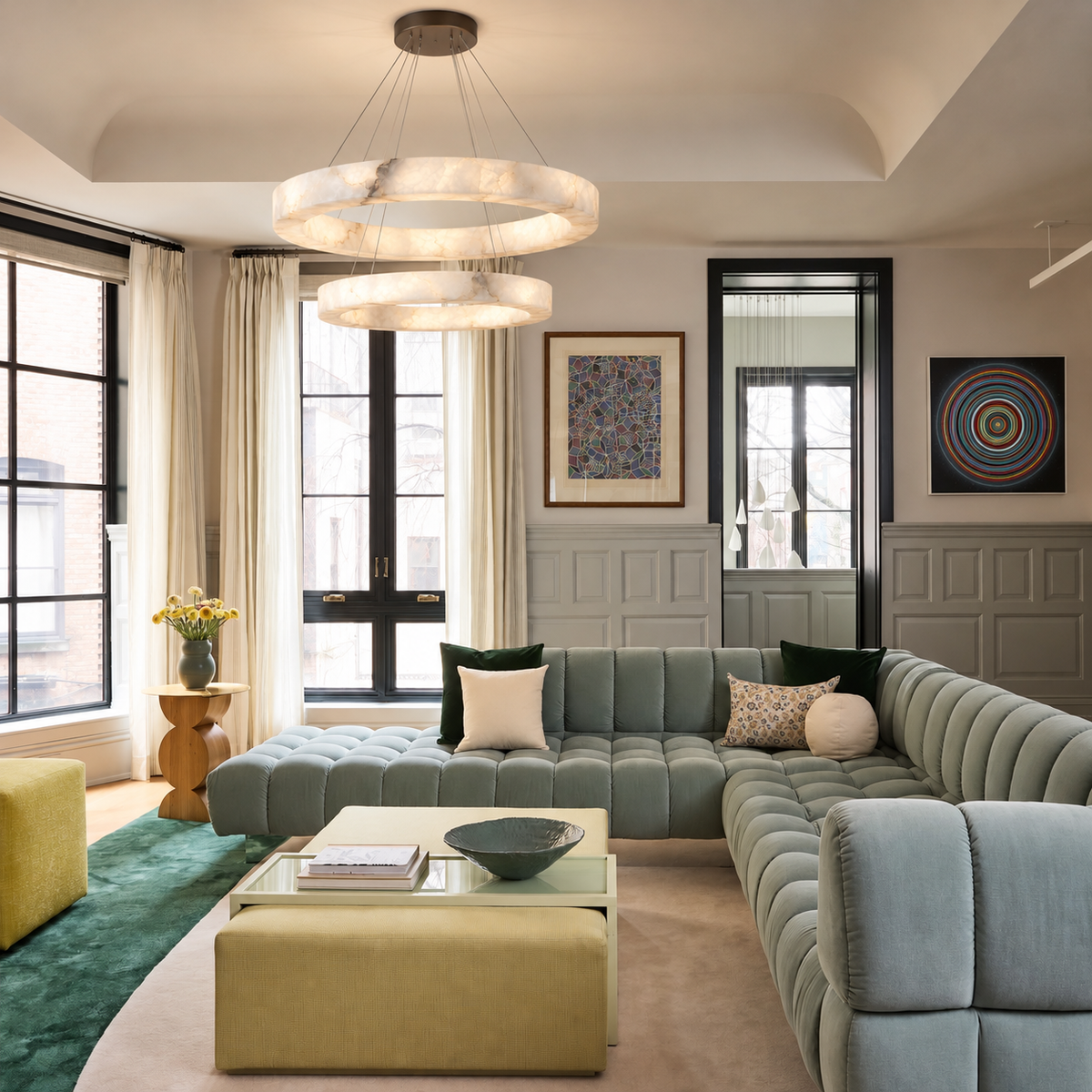 Double alabaster ring chandelier installed above a living-room seating area.