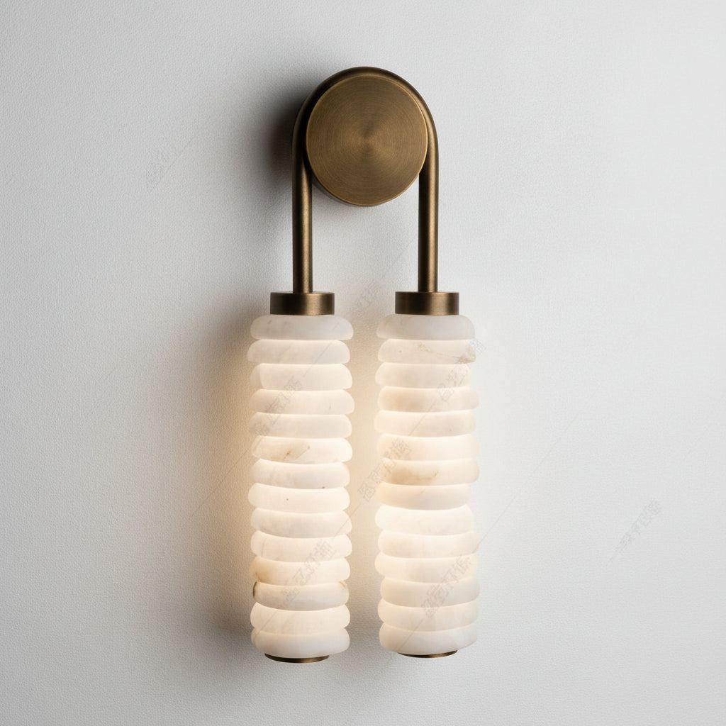 Double Spanish Marble Wall Sconce – Brass Bathroom Vanity & Bedroom Light with Warm Led