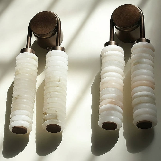 Double Spanish Marble Wall Sconce – Brass Bathroom Vanity & Bedroom Light with Warm Led