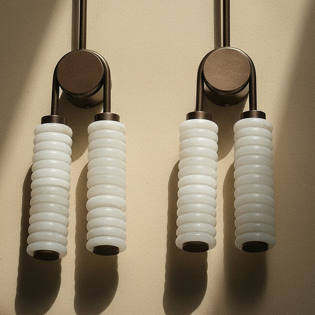 Double Spanish Marble Wall Sconce – Brass Bathroom Vanity & Bedroom Light with Warm Led