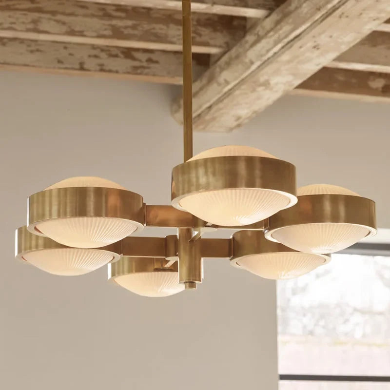 Brass Linear Chandelier | 6-light Fluted-glass & Solid-brass 85cm Mid-century Dining Island Casalolalights Luxury Lamps