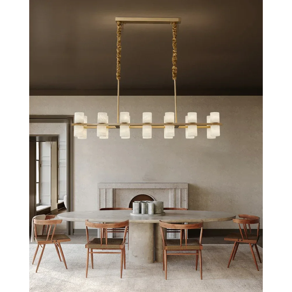 Alabaster Linear Chandelier | Hand-carved Cylinder & Brass Dining Light 85-120cm Modern Room Casalolalights Luxury