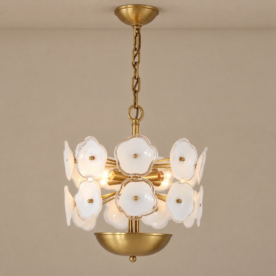 LUSTRE EN VERRE ET CUIVRE FLEUR BLANCHE