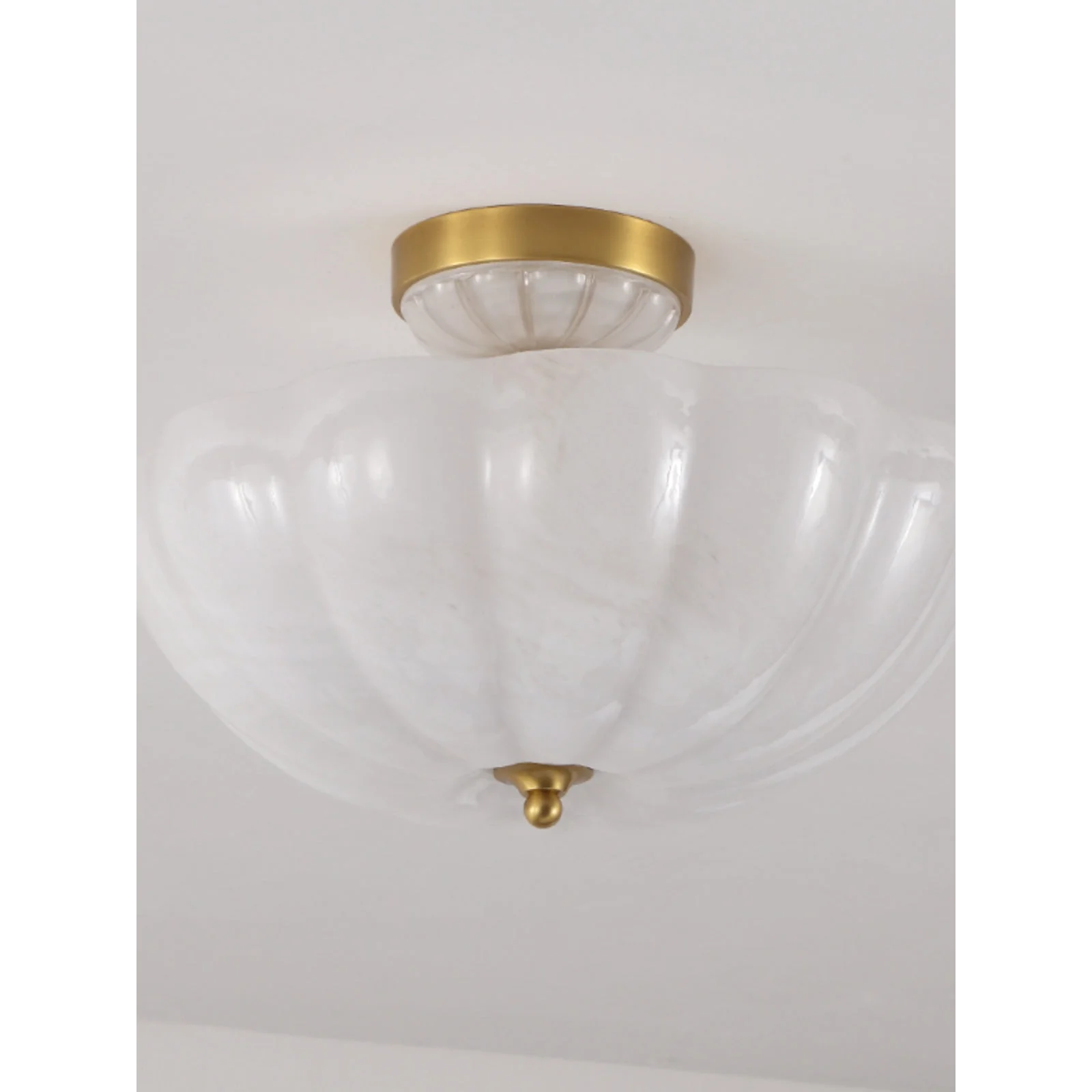 Frosted Glass Bowl Chandelier | Semi Flush Brass Fixture for Foyer