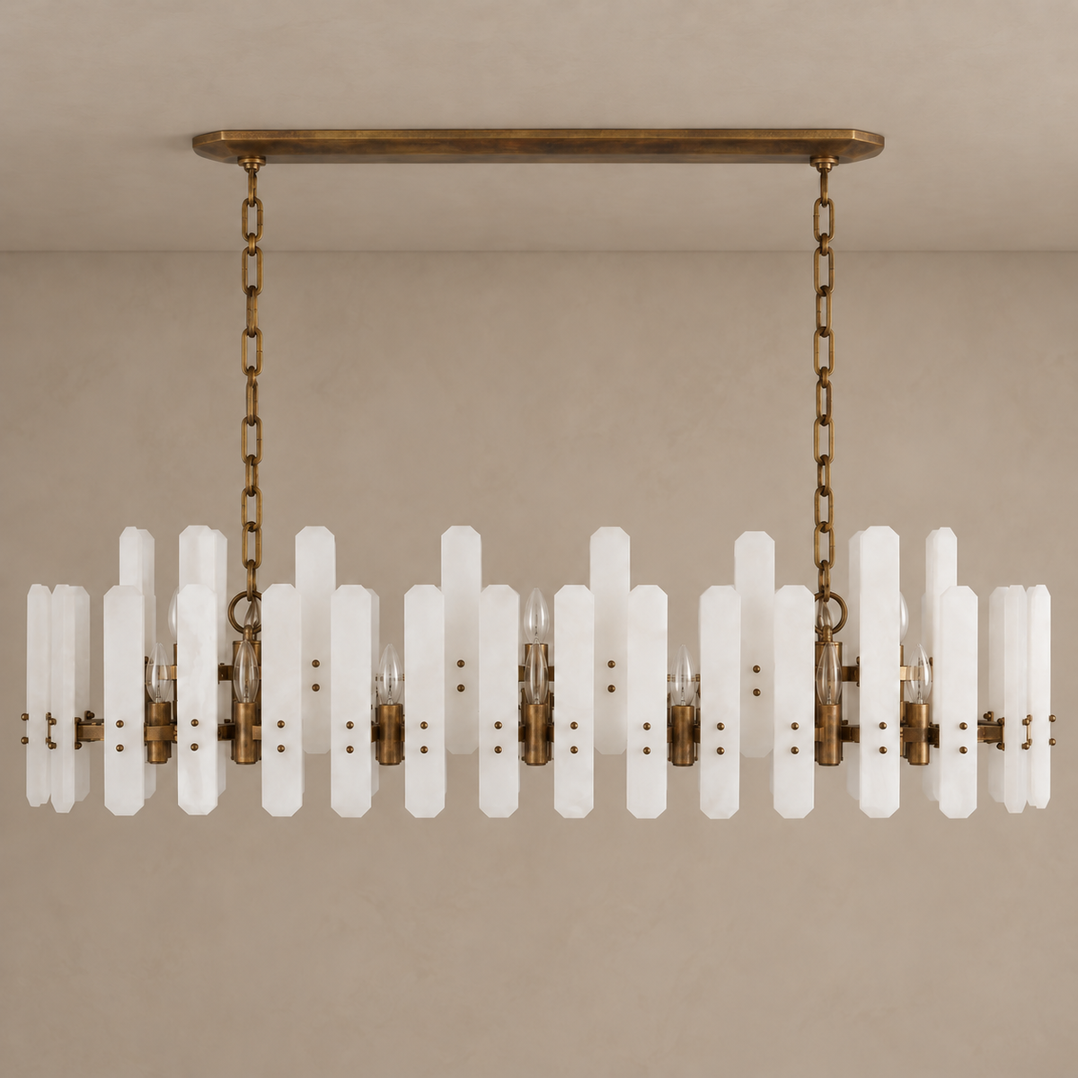 Aged bronze frosted-glass linear chandelier with twin chains, unlit.