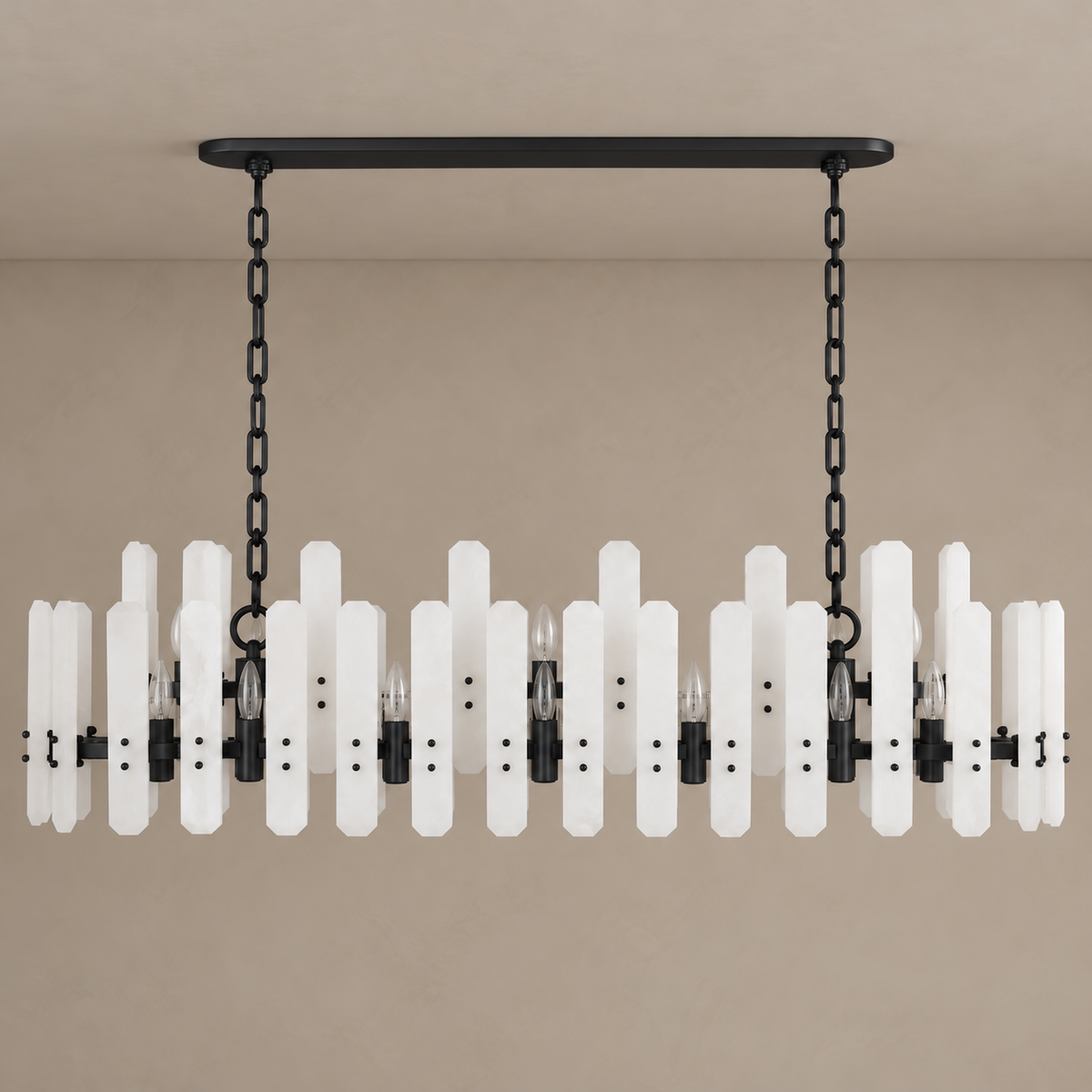 Black frosted-glass linear chandelier with staggered panels, unlit.