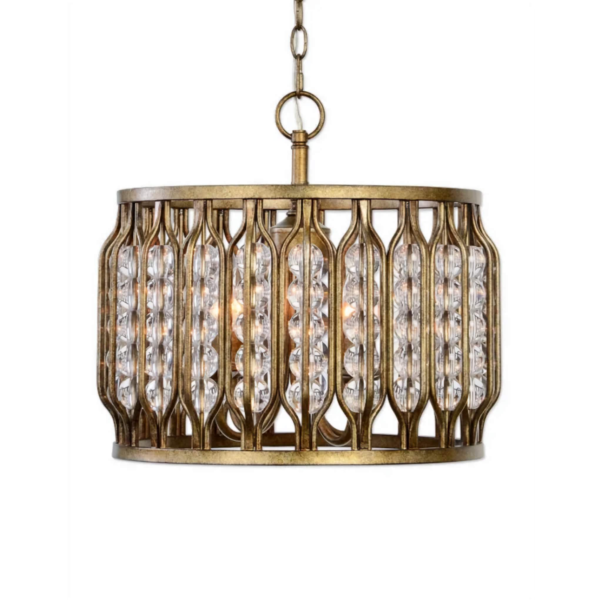 Handcrafted Antique-gold Drum Chandelier with Crystal Prisms – Elegant Dining Room & Entryway Pendant Lighting