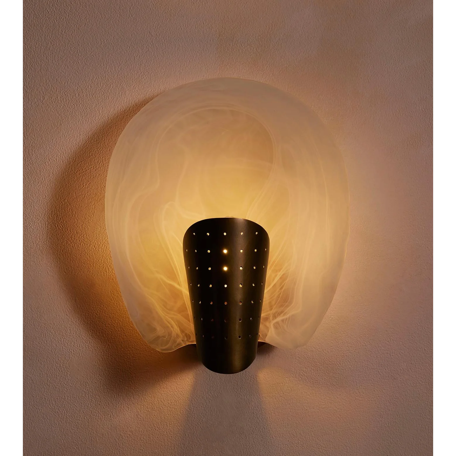 Glass Wall Sconce – Aged Brass & Perforated Metal