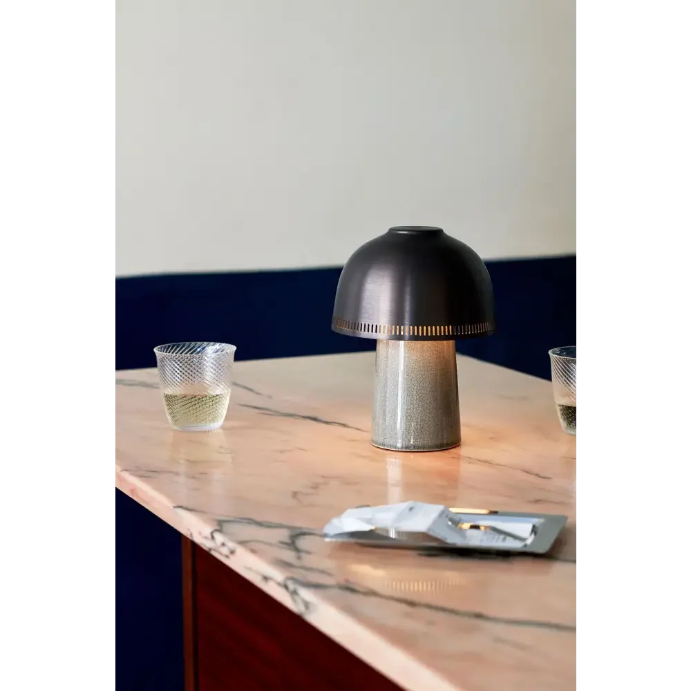 Brown Crackle Glaze Ceramic Table Lamp | Brass Dome Sculptural Light