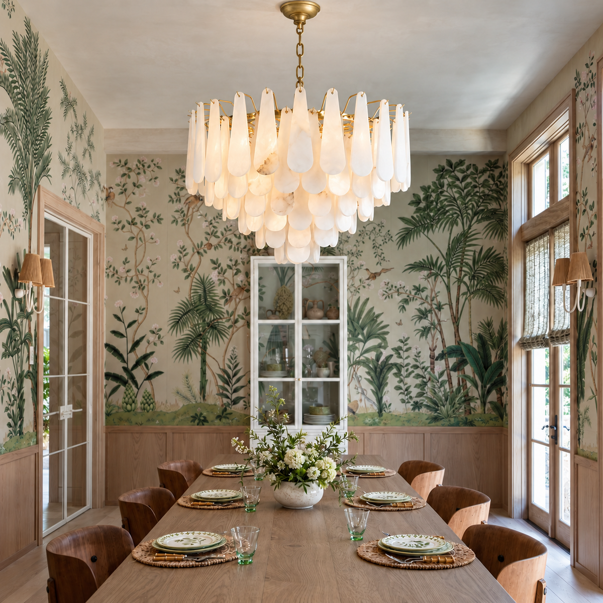 Goccia alabaster teardrop chandelier above a wooden table in a botanical dining room.