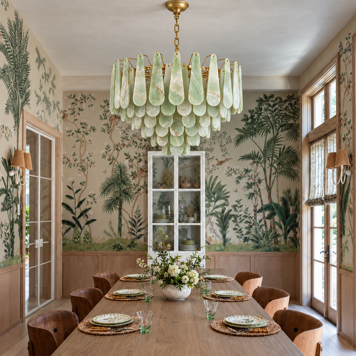 Goccia Chandelier with Teardrop Green Onyx above a dining table in a botanical mural room, shown in natural daylight.