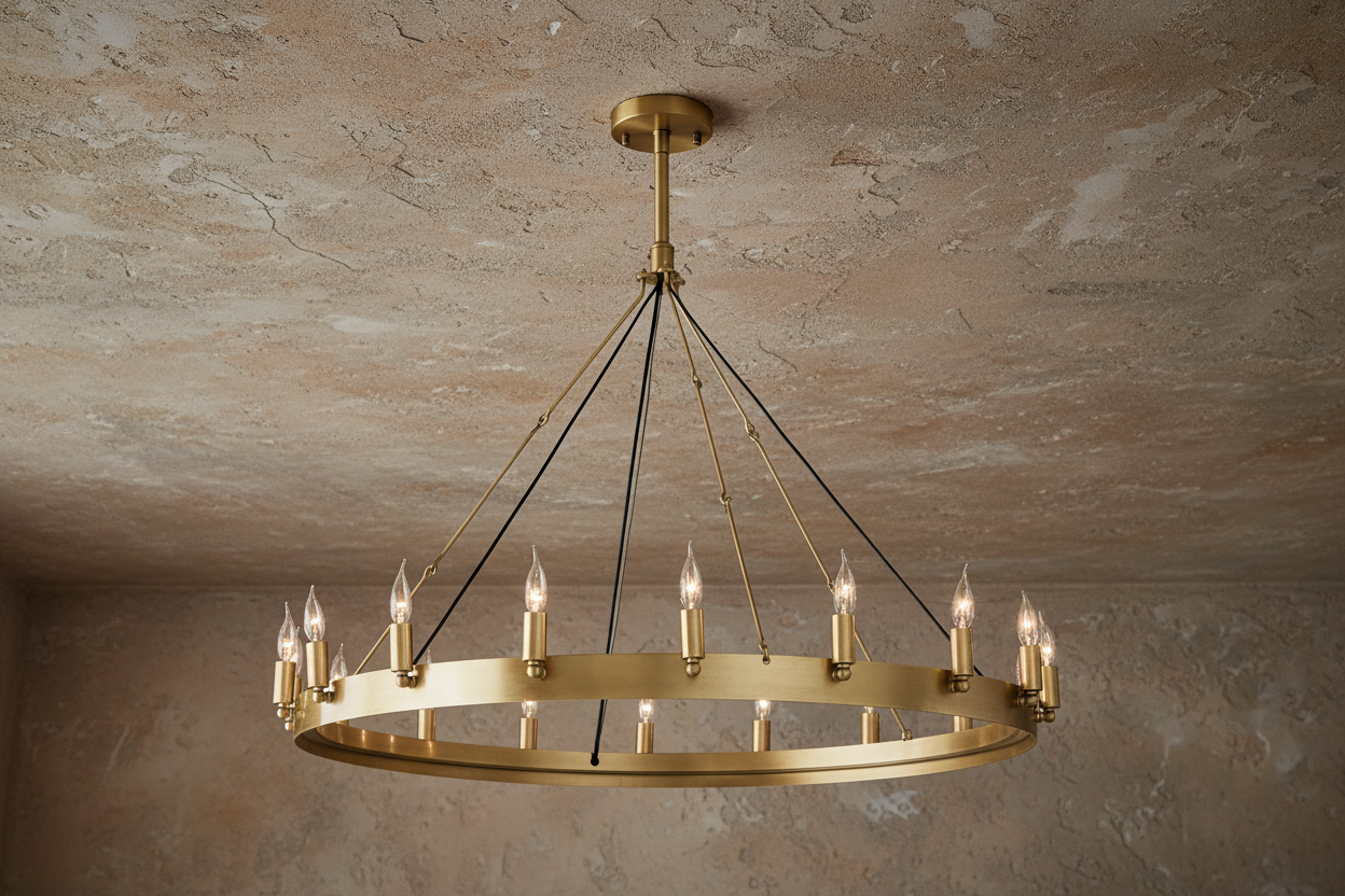 ZLATÝ STAROŽITNÝ MOSAZNÝ RINGOVÝ LUSTER S RAMENY NA SVÍČKY