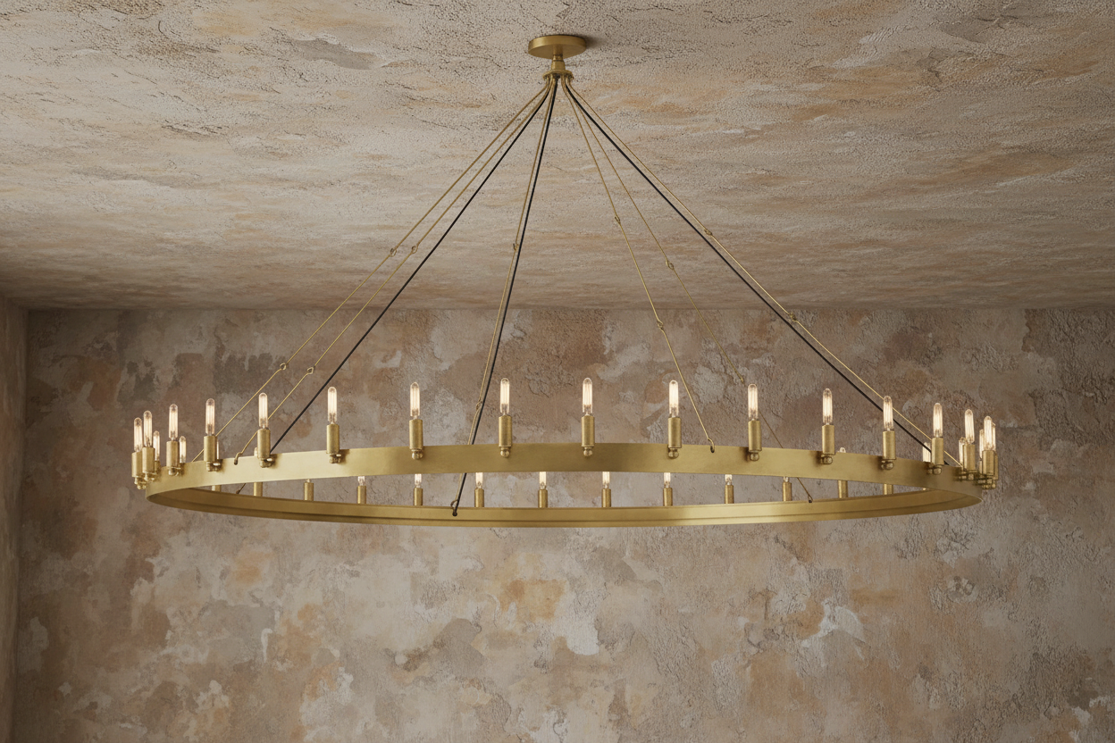 ZLATÝ STAROŽITNÝ MOSAZNÝ RINGOVÝ LUSTER S RAMENY NA SVÍČKY