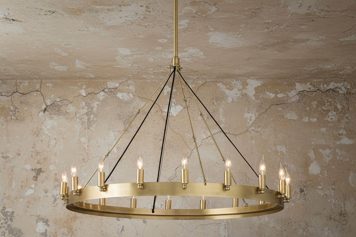 ZLATÝ STAROŽITNÝ MOSAZNÝ RINGOVÝ LUSTER S RAMENY NA SVÍČKY