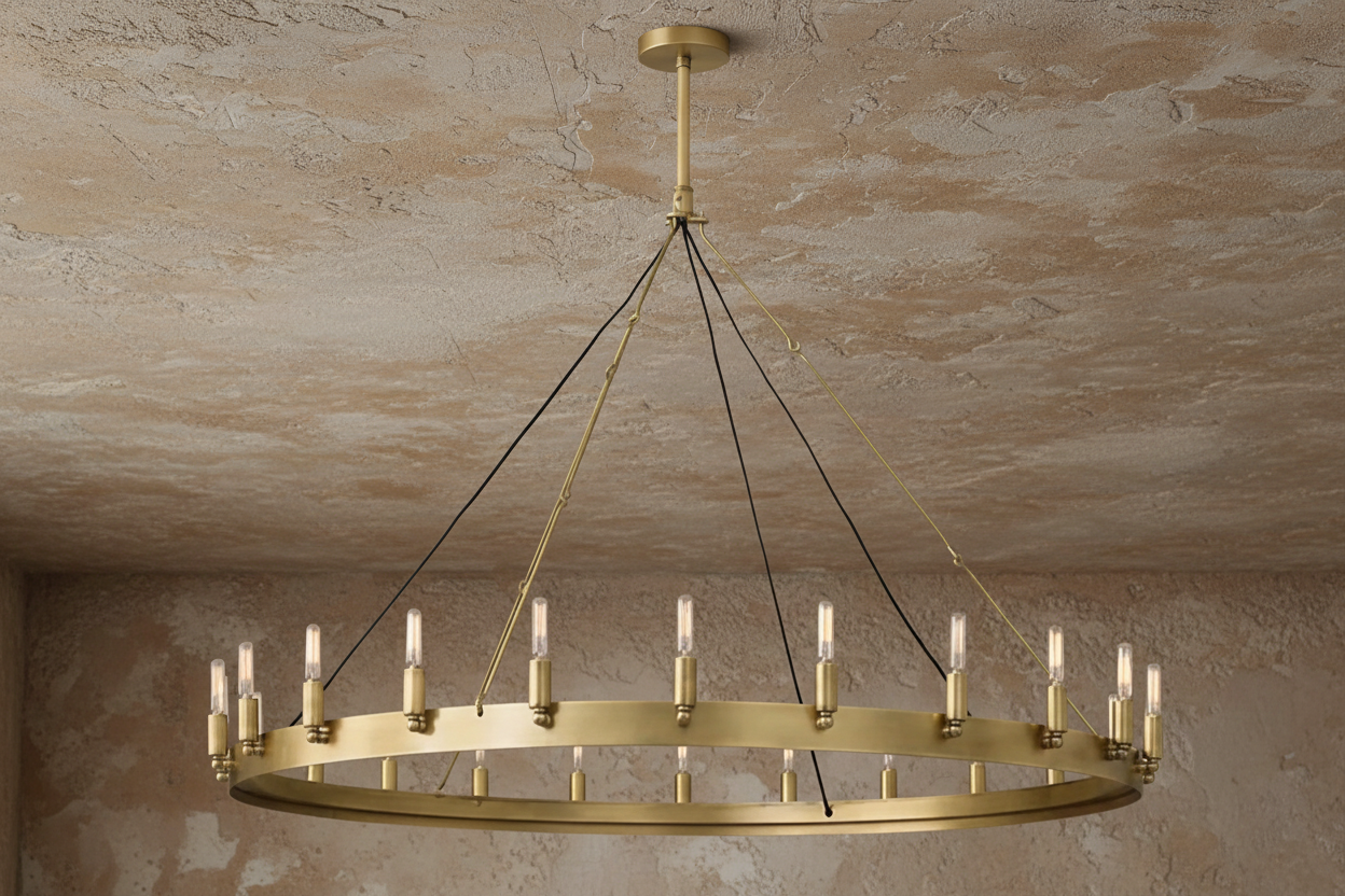 ZLATÝ STAROŽITNÝ MOSAZNÝ RINGOVÝ LUSTER S RAMENY NA SVÍČKY