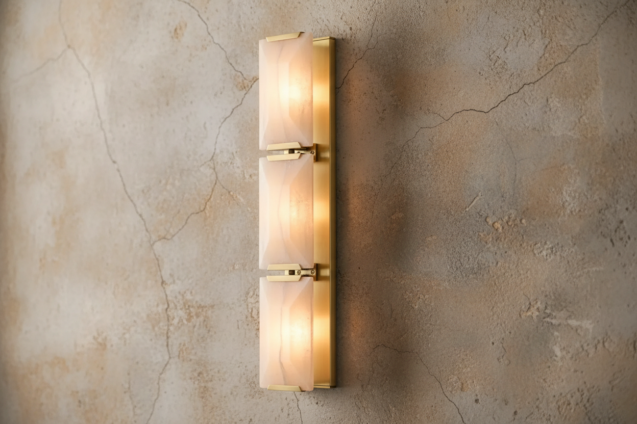 Gold triple calcite and copper wall sconce full view