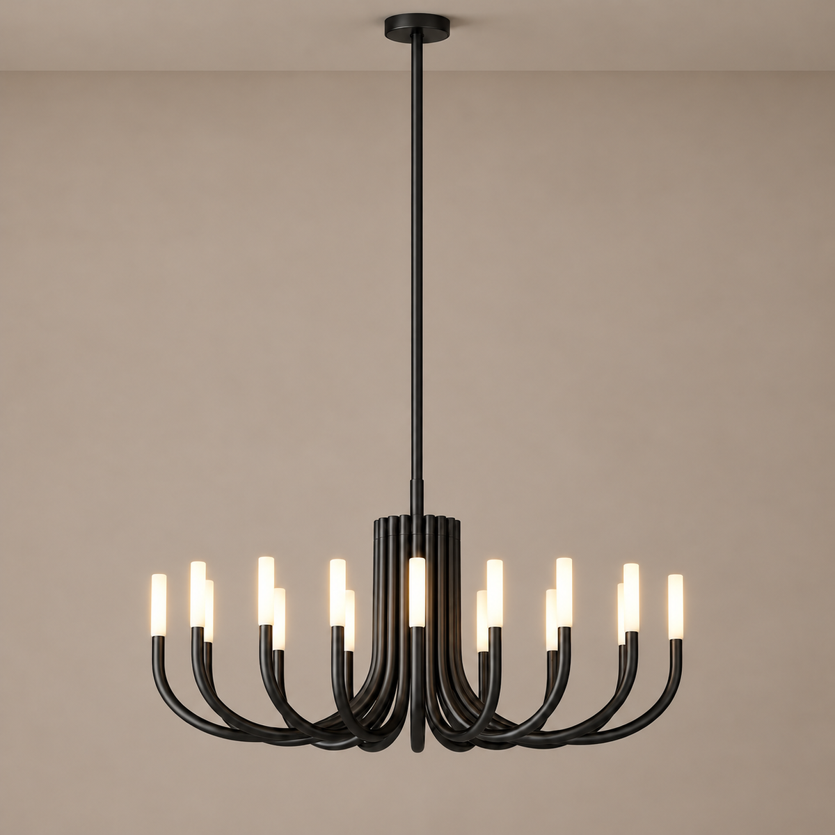 Grand Black Candelabra chandelier with its white cylindrical shades illuminated