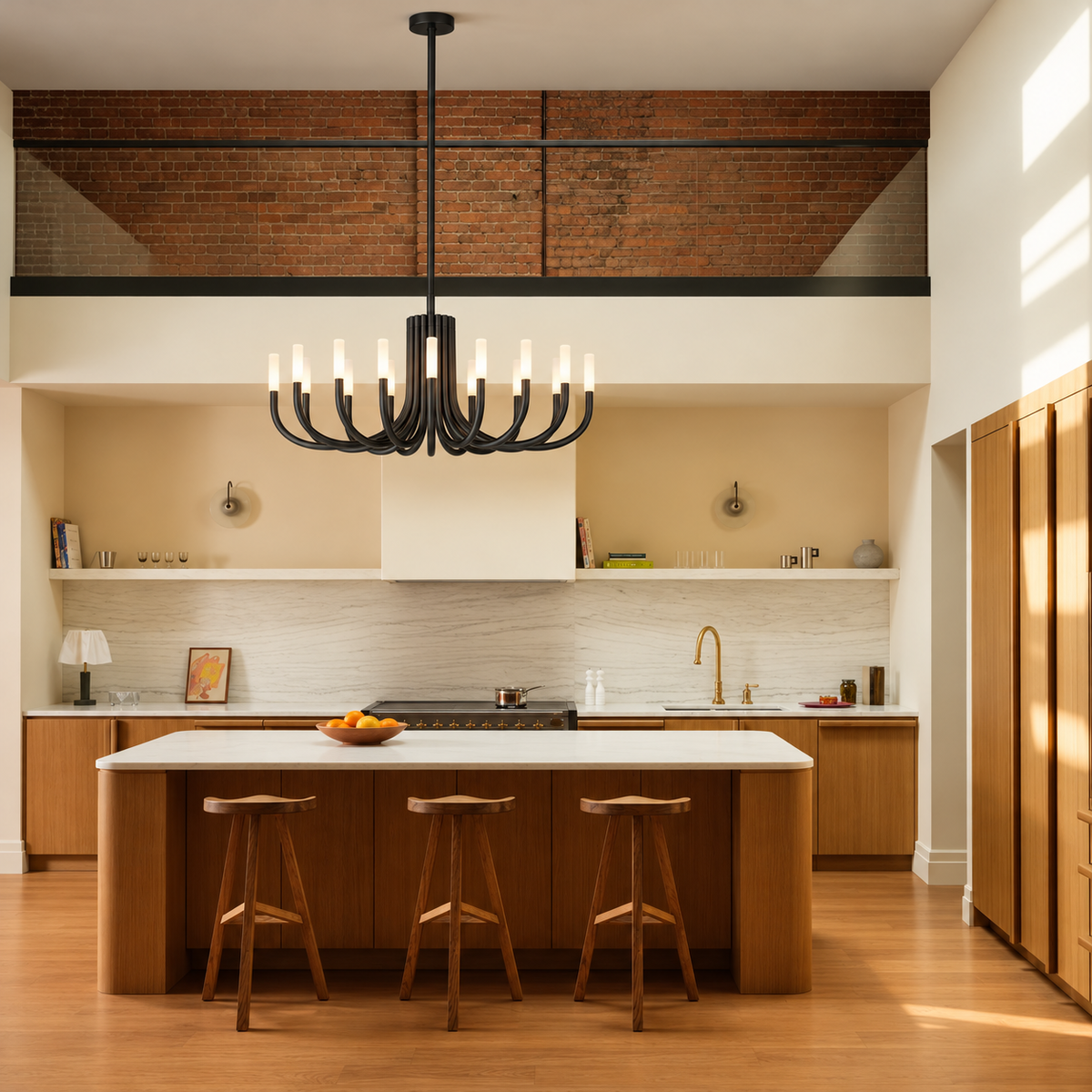 Grand Black Candelabra chandelier suspended above a wooden kitchen island in a loft interior