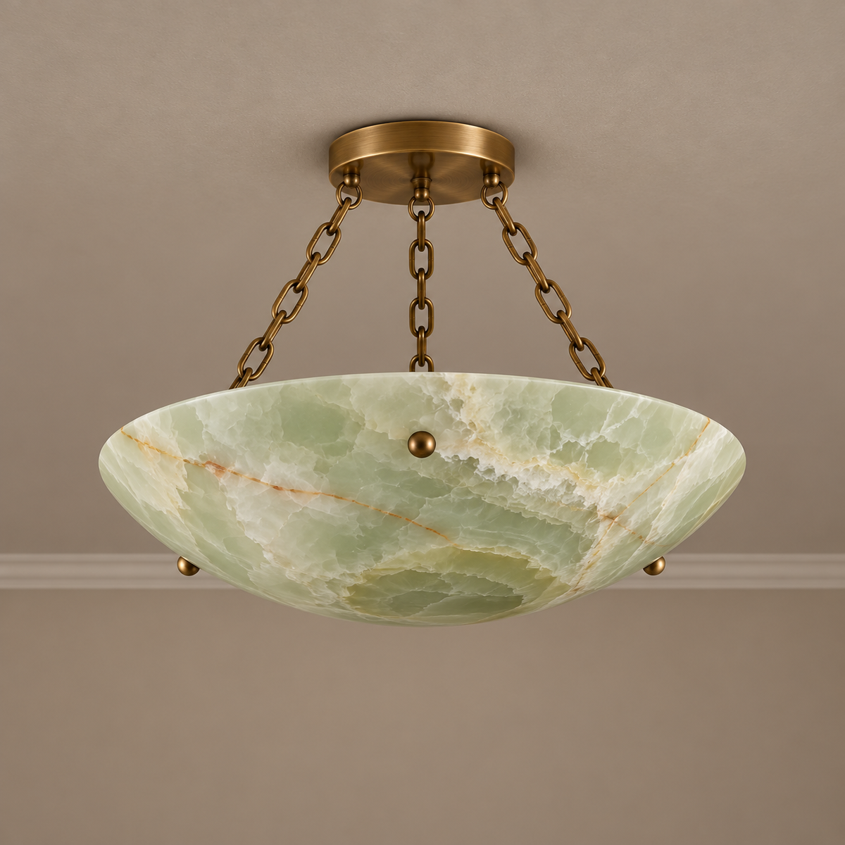 Green Onyx Semi-Flush with Brass Chains, switched off. 40 cm diameter × 35 cm nominal overall height.