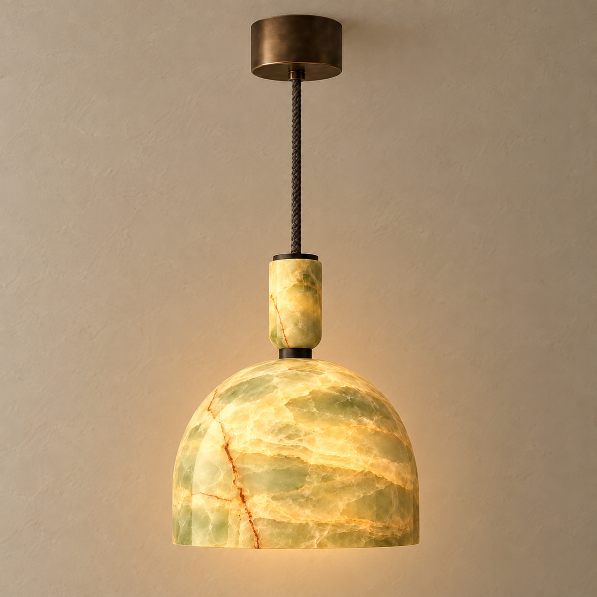 Green Onyx Dome Pendant Light illuminated, with the same natural stone bands visible. Medium: 14 cm wide × 17 cm body height.