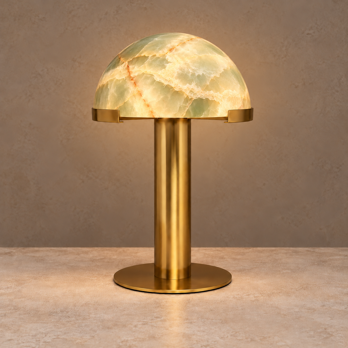 Green Onyx Dome Table Lamp with Brass illuminated, with the same natural stone bands visible. 50 cm high × 30 cm dome diameter.