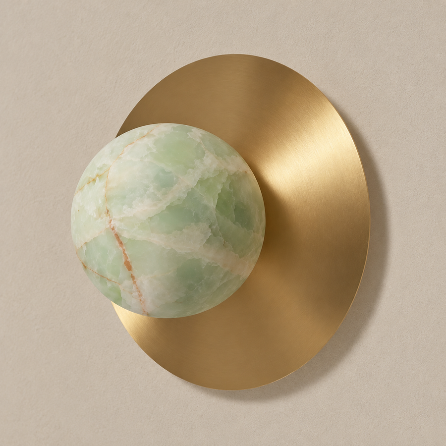 Green Onyx Globe & Brass Disc Wall Sconce