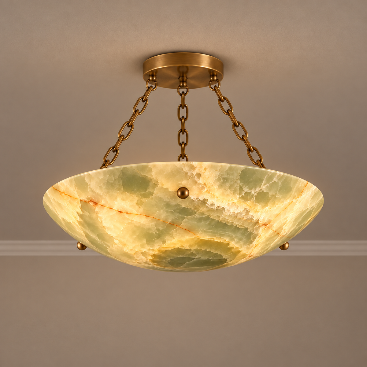 Green Onyx Semi-Flush with Brass Chains illuminated, with the same natural stone bands visible. 40 cm diameter × 35 cm nominal overall height.