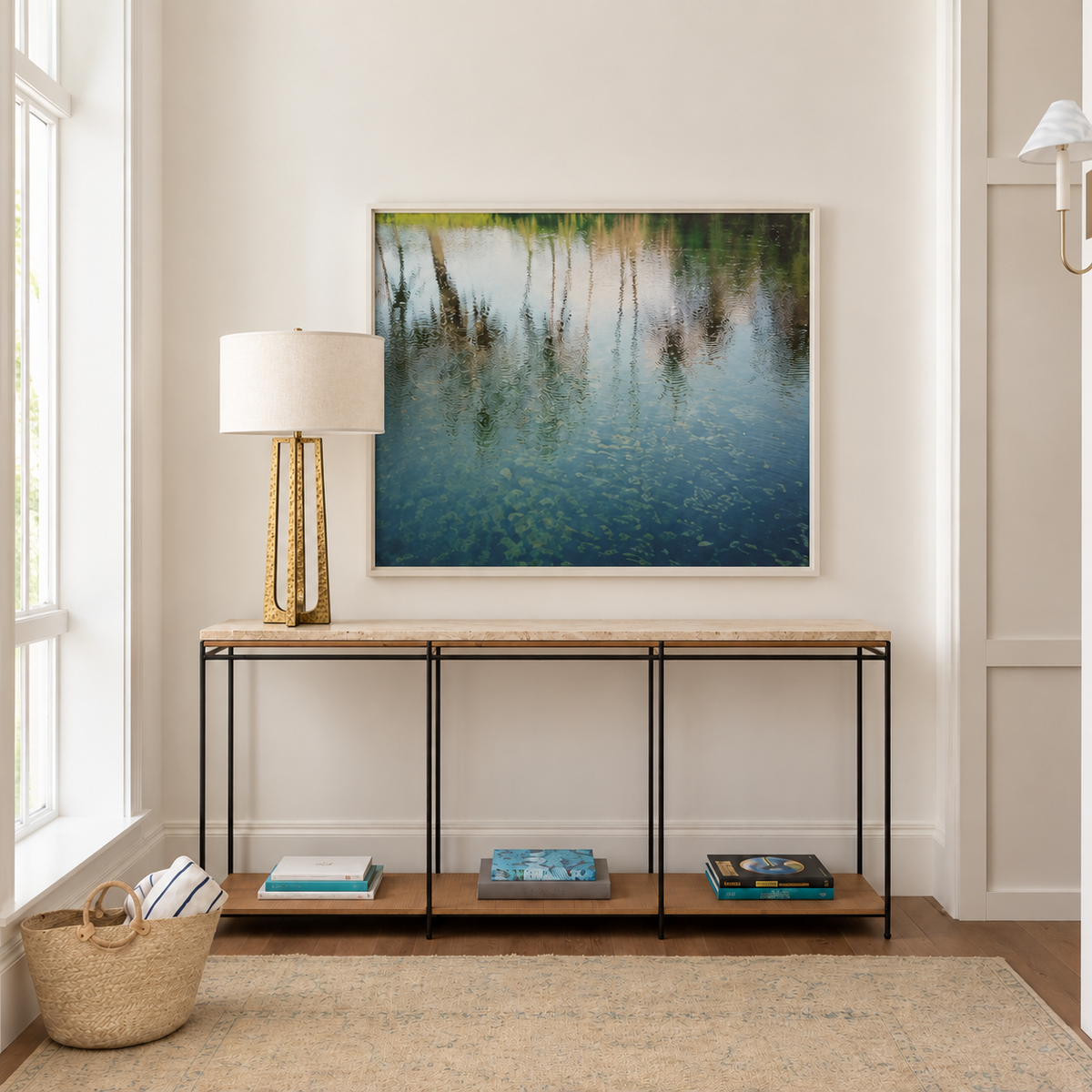 Tall hammered copper table lamp on an entryway console
